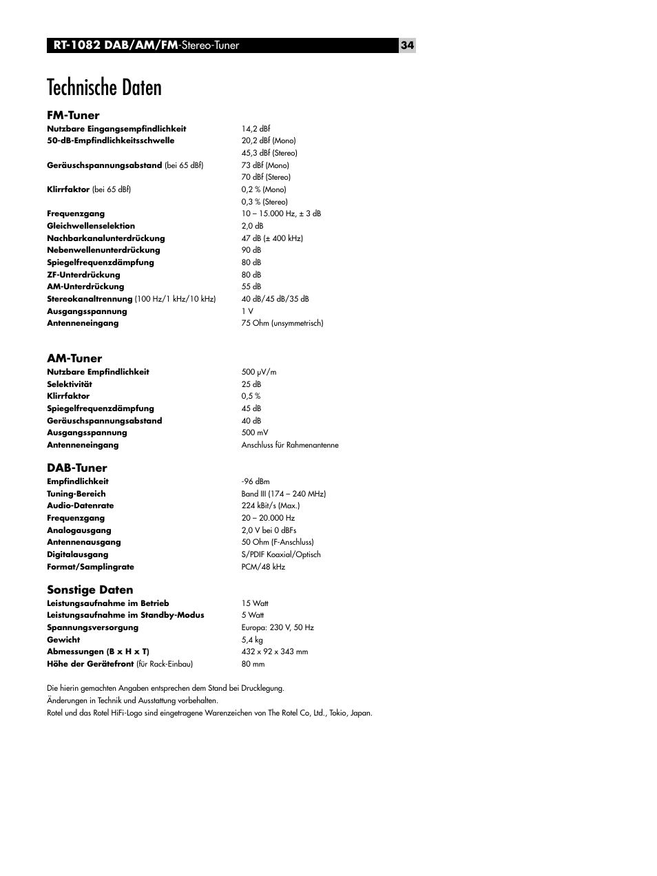 Technische daten, Rt-1082 dab/am/fm -stereo-tuner, Fm-tuner | Am-tuner, Dab-tuner, Sonstige daten | ROTEL RT-1082 User Manual | Page 34 / 86
