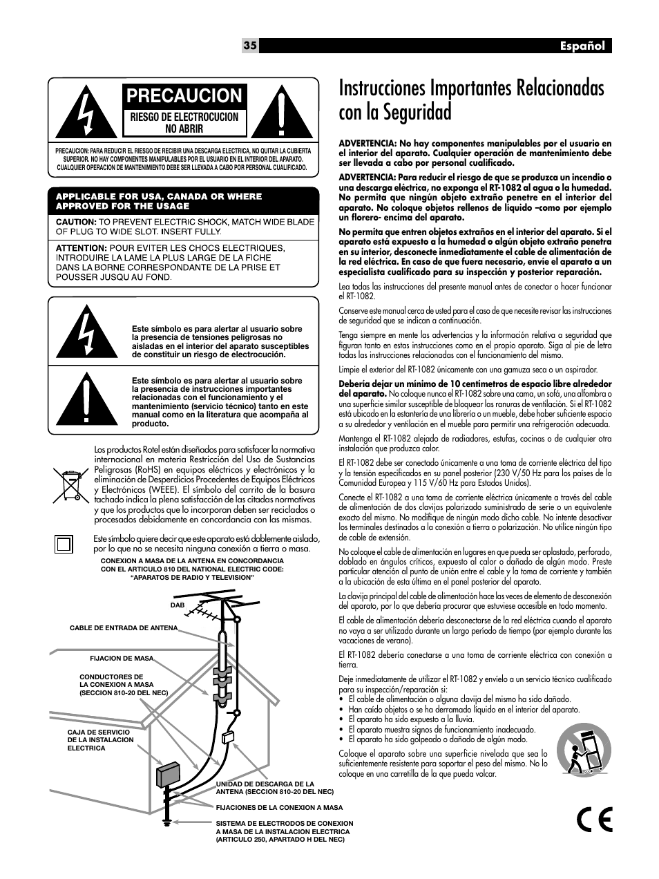 Precaucion, Riesgo de electrocucion no abrir, Español | ROTEL RT-1082 User Manual | Page 35 / 86