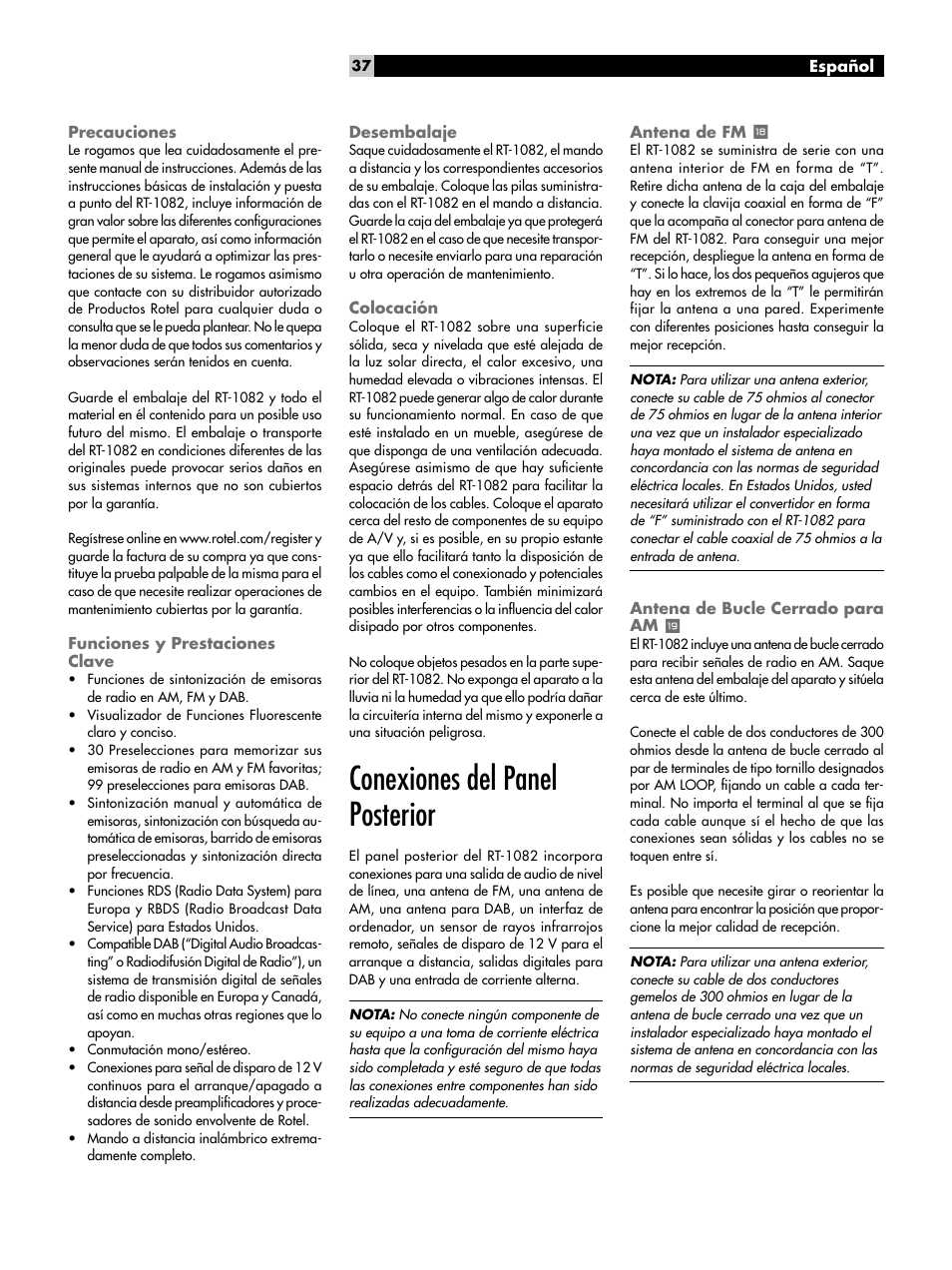 Precauciones, Funciones y prestaciones clave, Desembalaje | Colocación, Conexiones del panel posterior, Antena de fm y, Antena de bucle cerrado para am u, Colocación 37, Antena de fm, Antena de bucle cerrado para am | ROTEL RT-1082 User Manual | Page 37 / 86