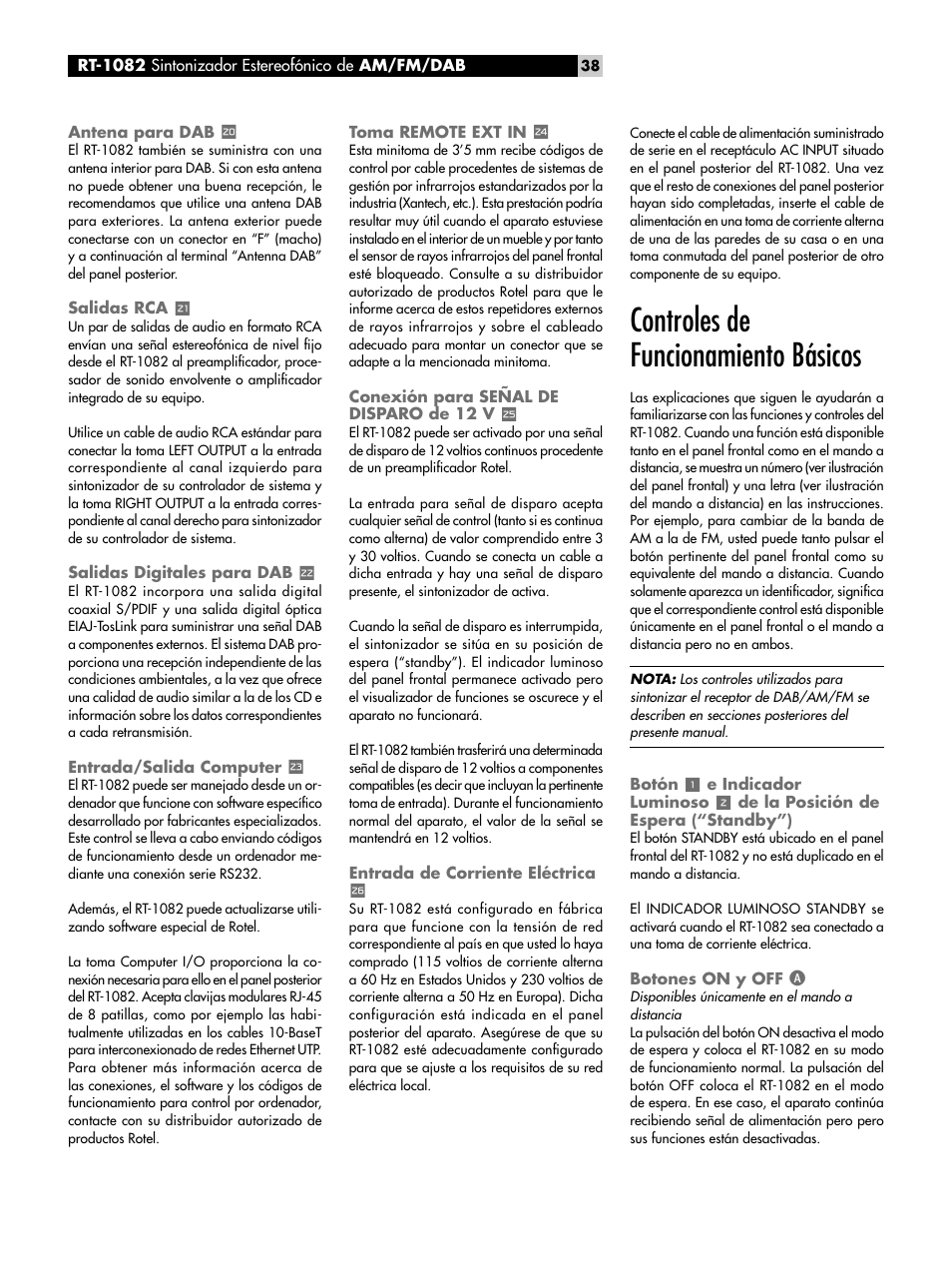 Antena para dab i, Salidas rca o, Salidas digitales para dab p | Entrada/salida computer, Toma remote ext in, Conexión para señal de disparo de 12 v, Entrada de corriente eléctrica a, Controles de funcionamiento básicos, Botones on y off a, Antena para dab | ROTEL RT-1082 User Manual | Page 38 / 86