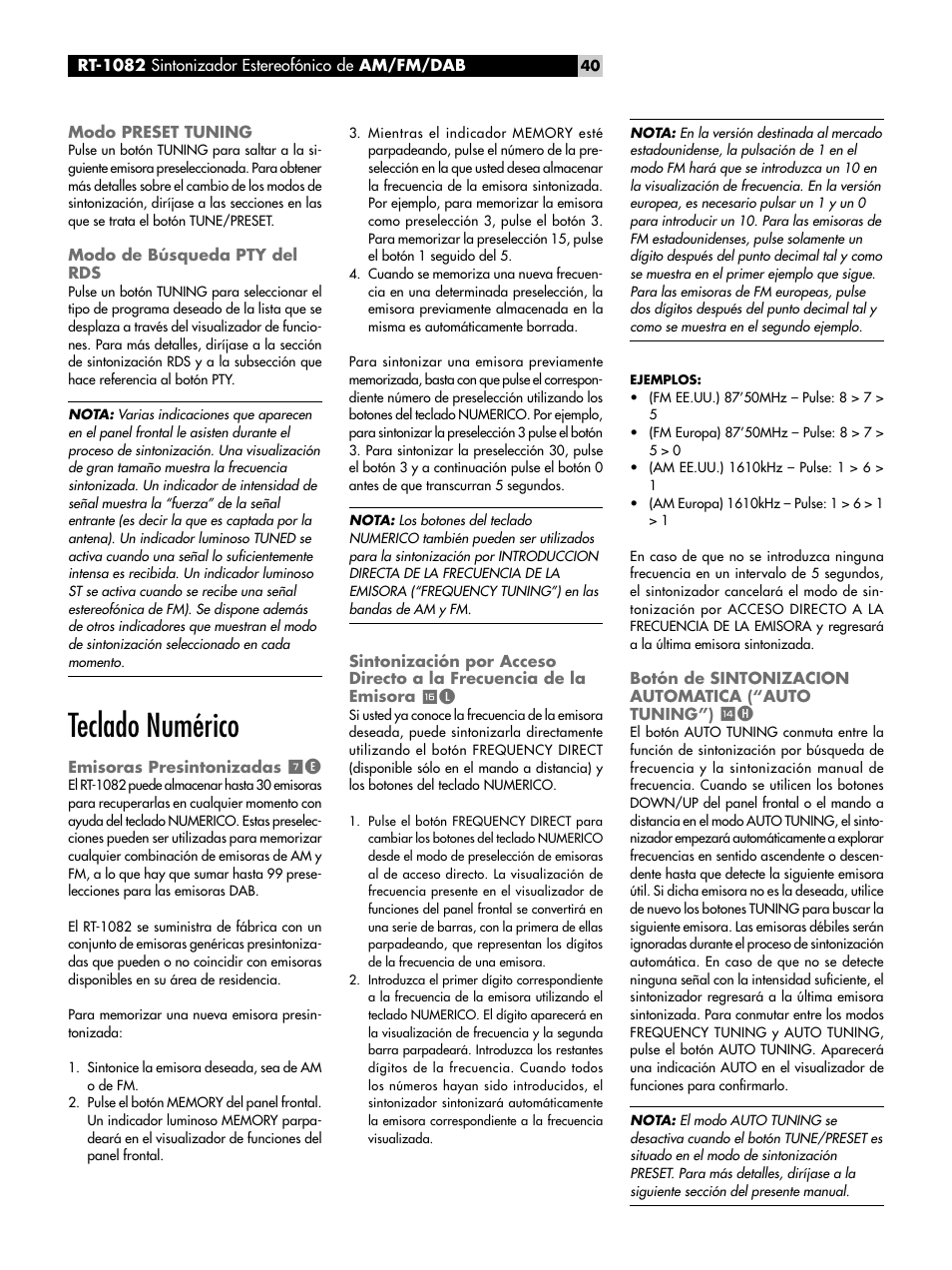 Modo preset tuning, Modo de búsqueda pty del rds, Teclado numérico | Emisoras presintonizadas 7e, Emisoras presintonizadas, Botón de sintonizacion automatica, Auto tuning”) | ROTEL RT-1082 User Manual | Page 40 / 86