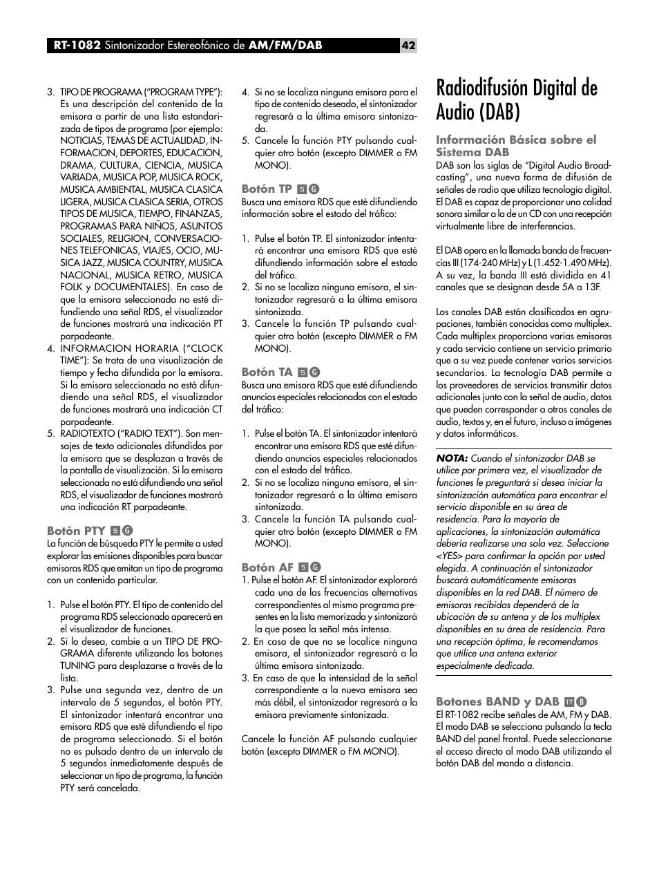 Botón pty 5g, Botón tp 5g, Botón ta 5g | Botón af 5g, Radiodifusión digital de audio (dab), Información básica sobre el sistema dab, Botones band y dab tb, Botón pty, Botón tp, Botón ta | ROTEL RT-1082 User Manual | Page 42 / 86