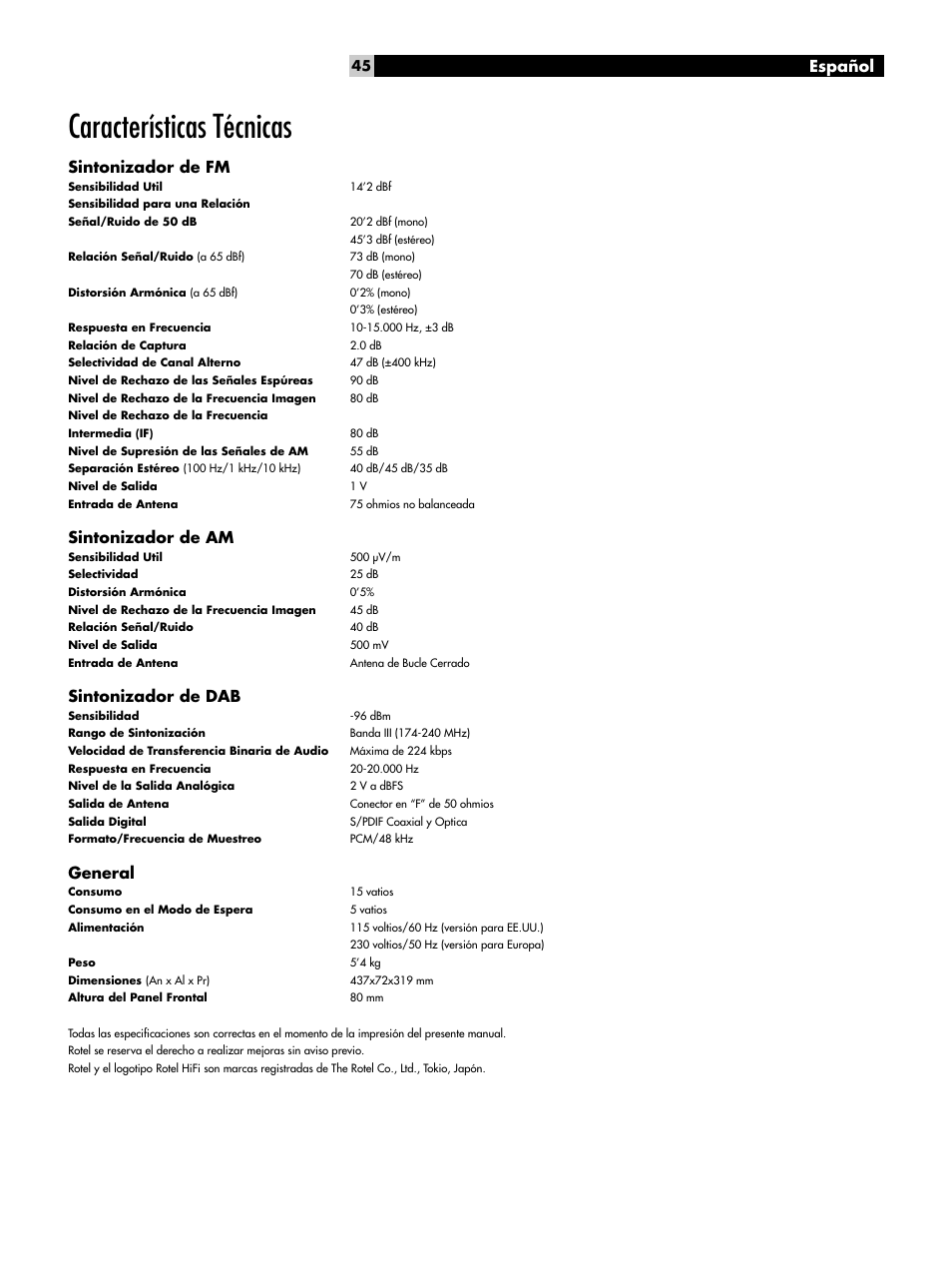 Características técnicas, Español, Sintonizador de fm | Sintonizador de am, Sintonizador de dab, General | ROTEL RT-1082 User Manual | Page 45 / 86