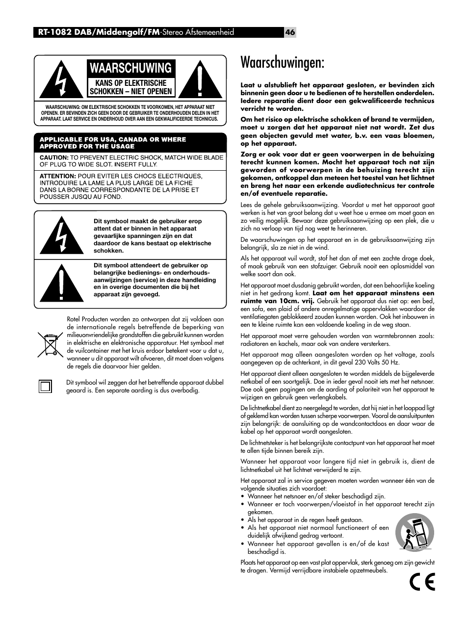 Waarschuwingen, Waarschuwing, Kans op elektrische schokken – niet openen | ROTEL RT-1082 User Manual | Page 46 / 86