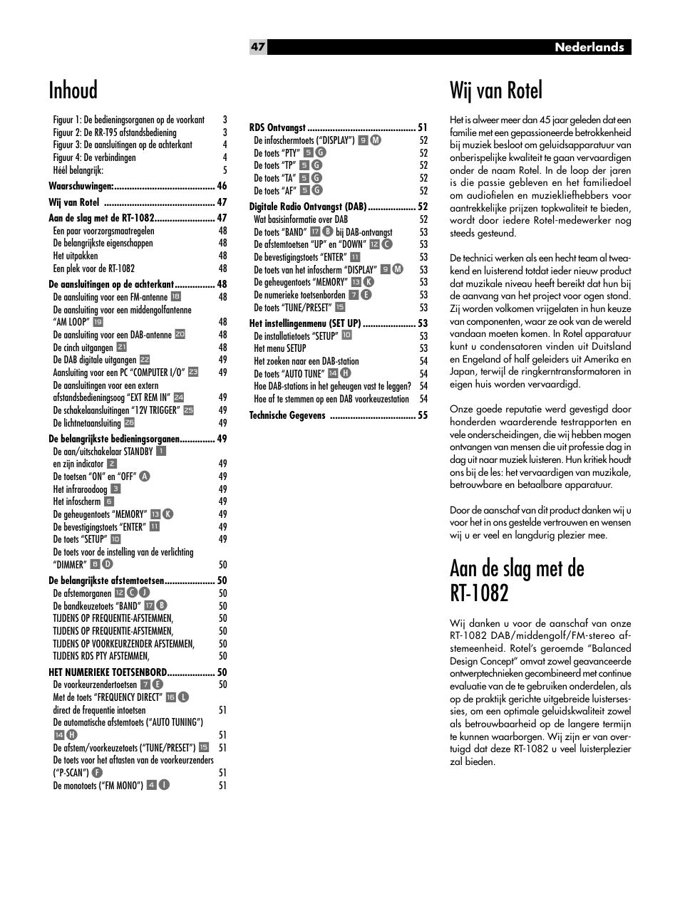 Wij van rotel, Aan de slag met de rt-1082, Inhoud | ROTEL RT-1082 User Manual | Page 47 / 86