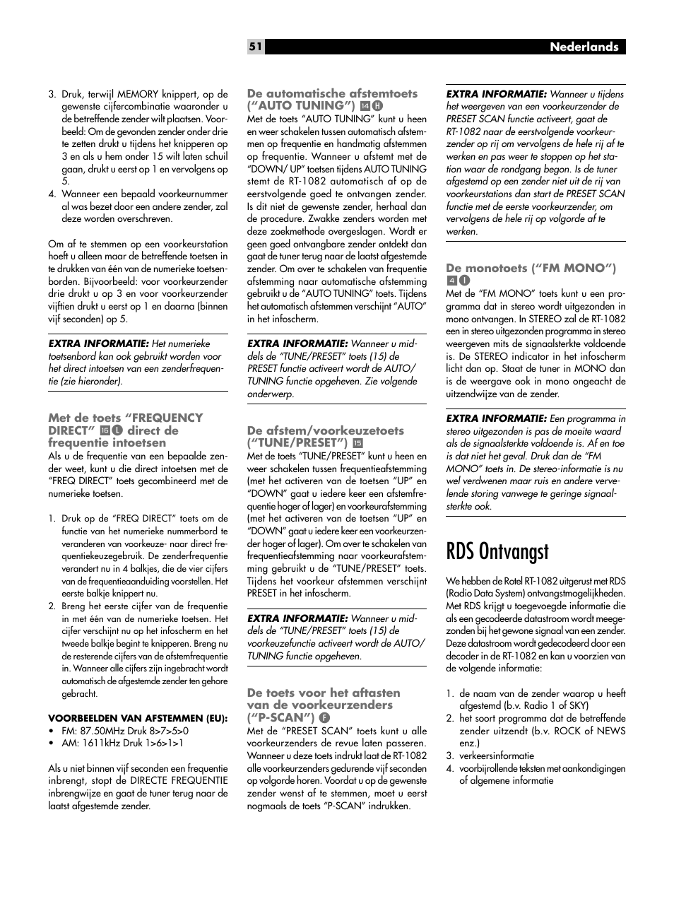 De automatische afstemtoets (“auto tuning”) wh, De afstem/voorkeuzetoets (“tune/preset”) e, De monotoets (“fm mono”) 4i | Rds ontvangst, Met de toets “frequency direct, Direct de frequentie intoetsen, De automatische afstemtoets (“auto tuning”), De afstem/voorkeuzetoets (“tune/preset”), De monotoets (“fm mono”) | ROTEL RT-1082 User Manual | Page 51 / 86