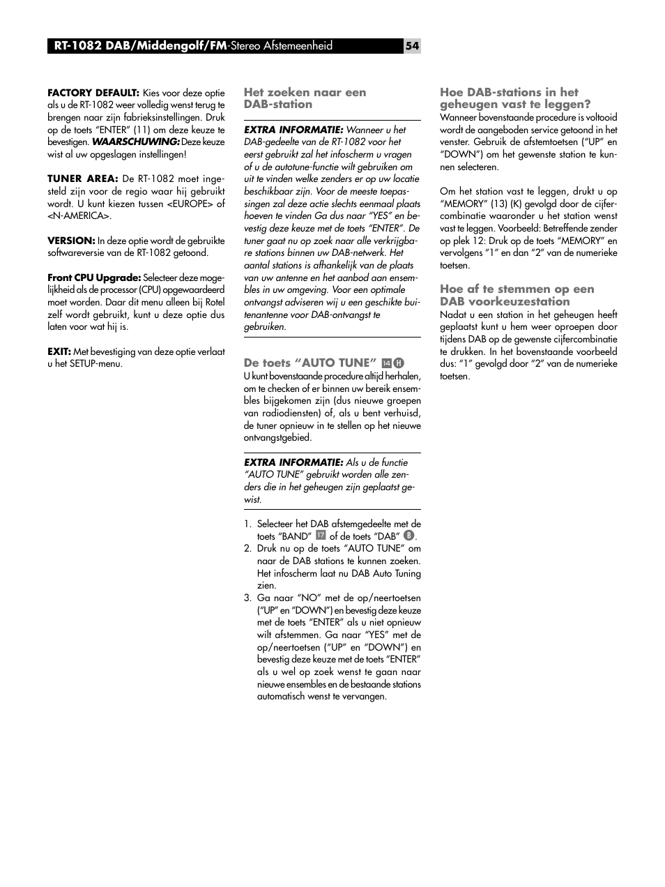 Het zoeken naar een dab-station, De toets “auto tune” wh, Hoe dab-stations in het geheugen vast te leggen | Hoe af te stemmen op een dab voorkeuzestation, De toets “auto tune | ROTEL RT-1082 User Manual | Page 54 / 86
