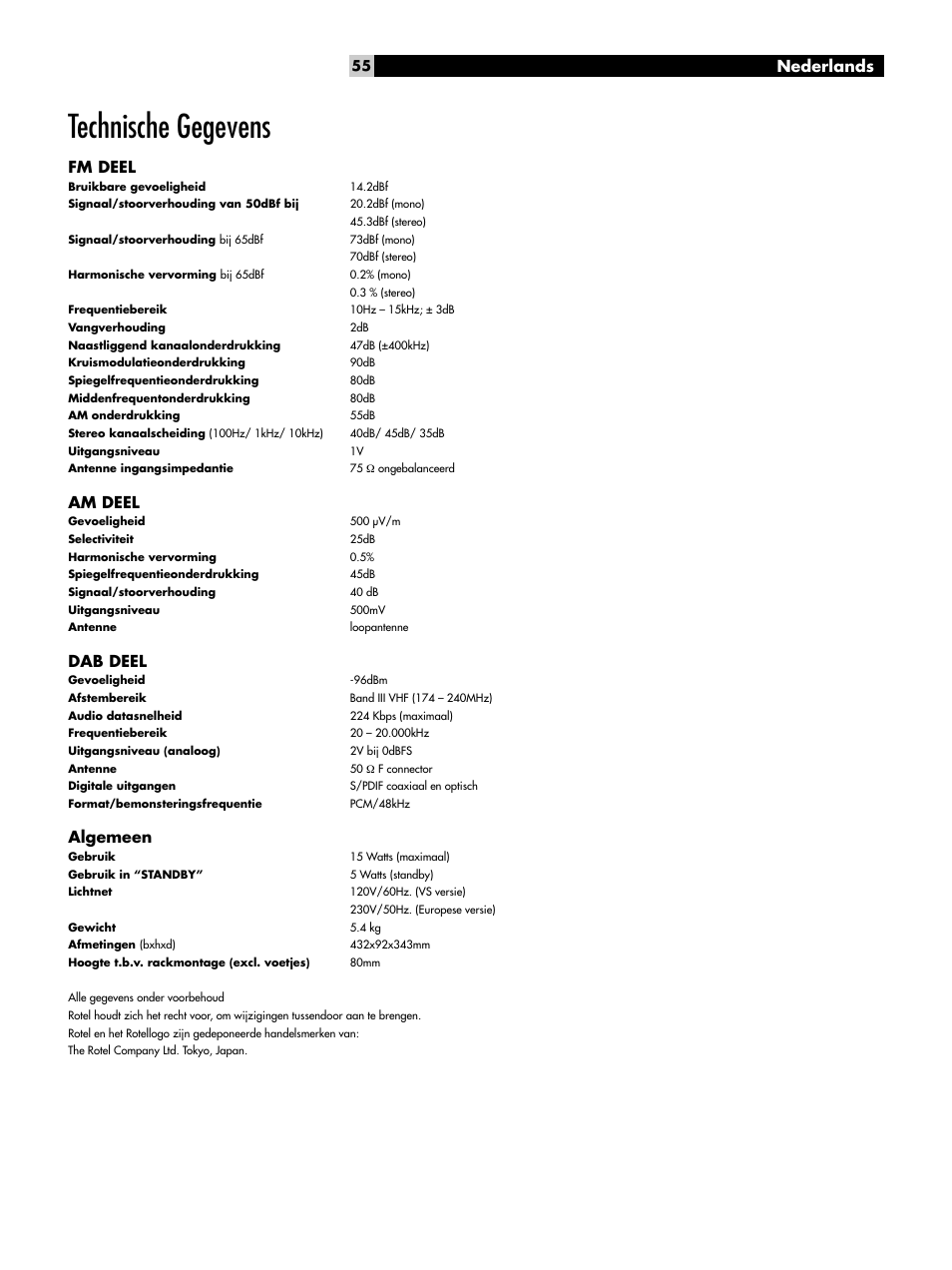 Technische gegevens, Nederlands, Fm deel | Am deel, Dab deel, Algemeen | ROTEL RT-1082 User Manual | Page 55 / 86