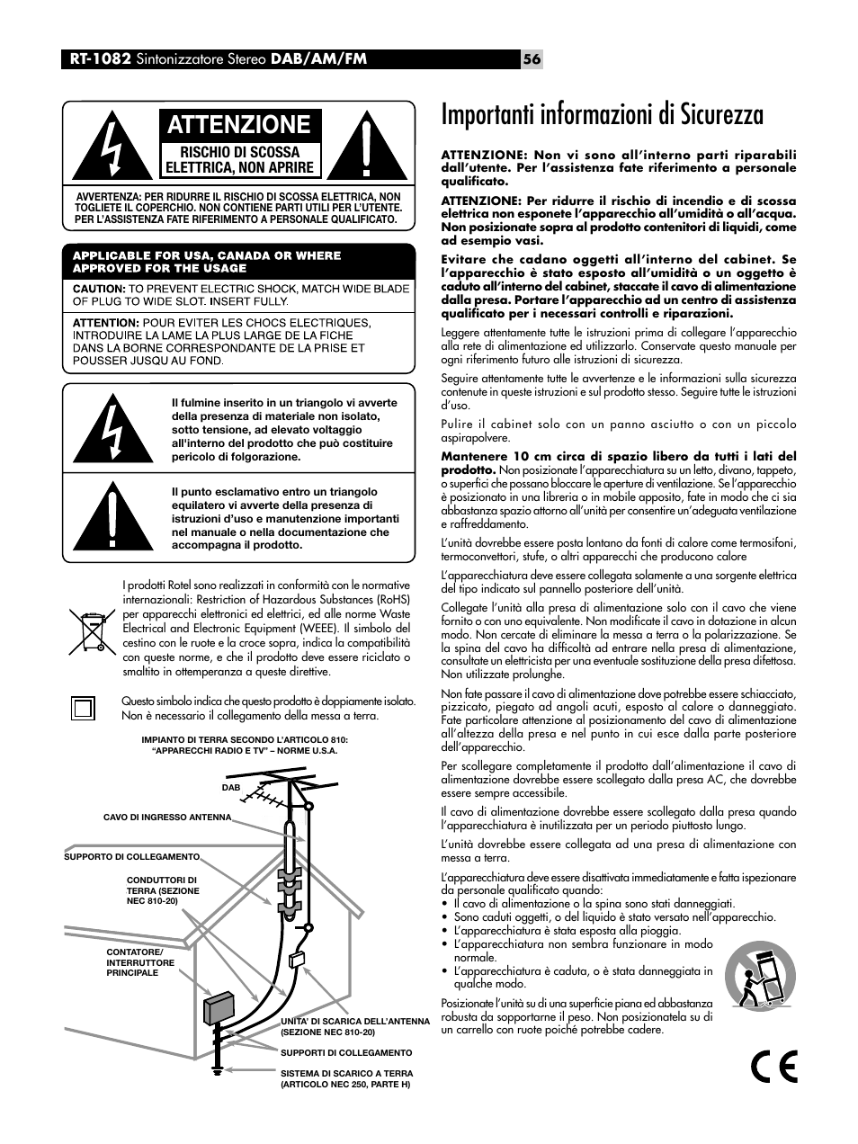 Importanti informazioni di sicurezza, Attenzione, Rischio di scossa elettrica, non aprire | Rt-1082 sintonizzatore stereo dab/am/fm | ROTEL RT-1082 User Manual | Page 56 / 86