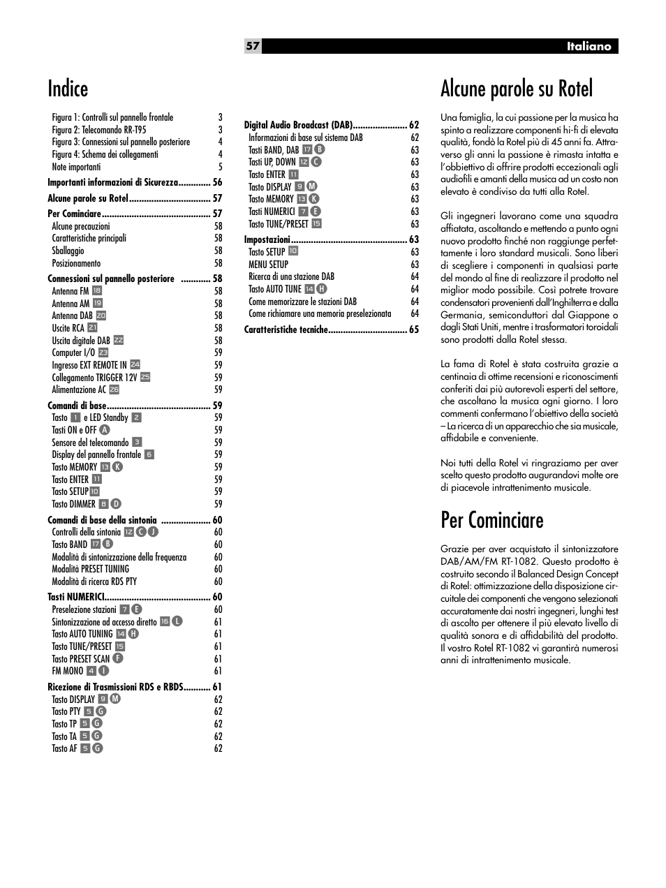 Alcune parole su rotel, Per cominciare, Indice | ROTEL RT-1082 User Manual | Page 57 / 86