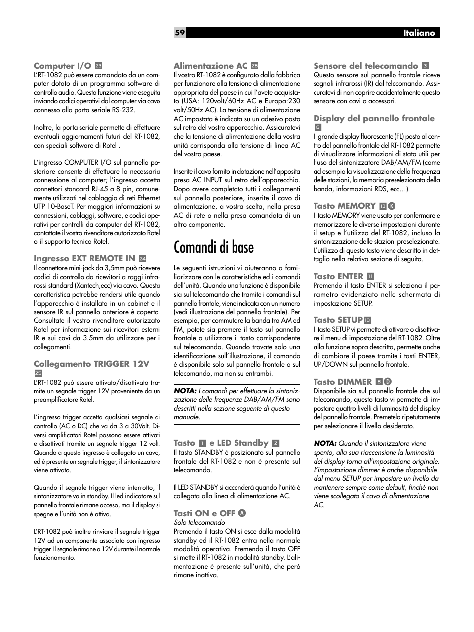 Computer i/o, Ingresso ext remote in, Collegamento trigger 12v | Alimentazione ac a, Comandi di base, Tasto 1 e led standby 2, Tasti on e off a, Sensore del telecomando 3, Display del pannello frontale 6, Tasto memory qk | ROTEL RT-1082 User Manual | Page 59 / 86