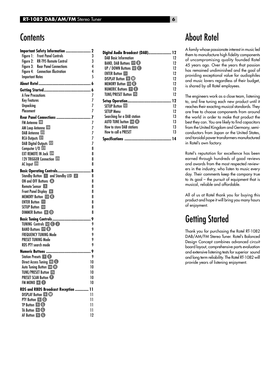 ROTEL RT-1082 User Manual | Page 6 / 86