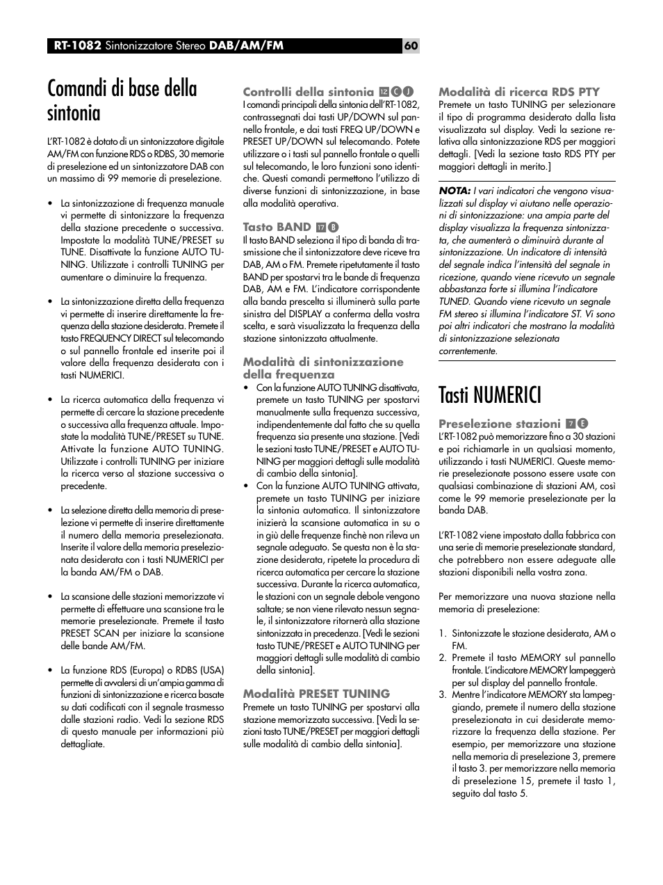 Comandi di base della sintonia, Controlli della sintonia =cj, Tasto band tb | Modalità di sintonizzazione della frequenza, Modalità preset tuning, Modalità di ricerca rds pty, Tasti numerici, Preselezione stazioni 7e, Controlli della sintonia, Tasto band | ROTEL RT-1082 User Manual | Page 60 / 86