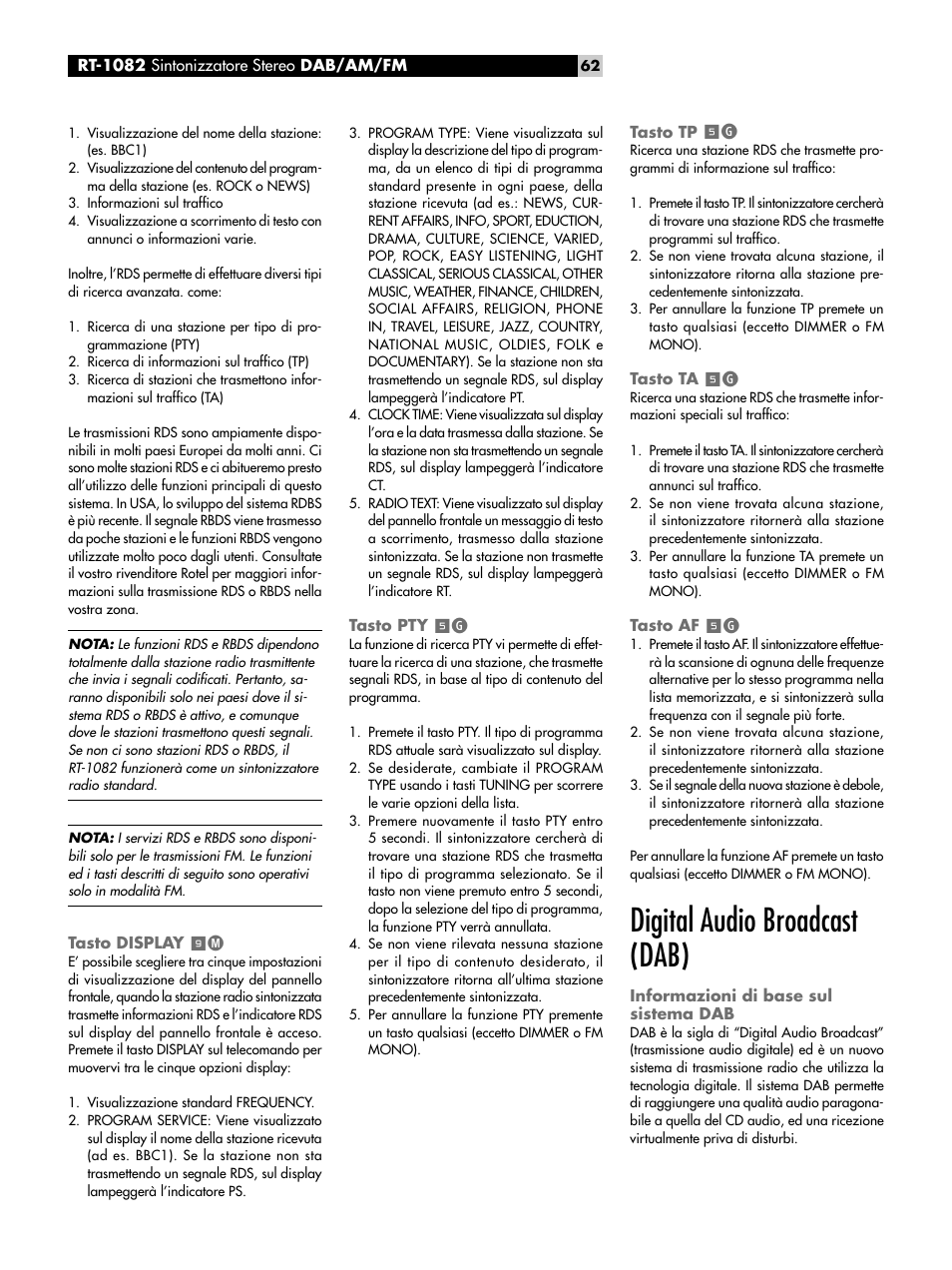 Tasto display 9m, Tasto pty 5g, Tasto tp 5g | Tasto ta 5g, Tasto af 5g, Digital audio broadcast (dab), Informazioni di base sul sistema dab, Tasto display, Tasto pty, Tasto tp | ROTEL RT-1082 User Manual | Page 62 / 86