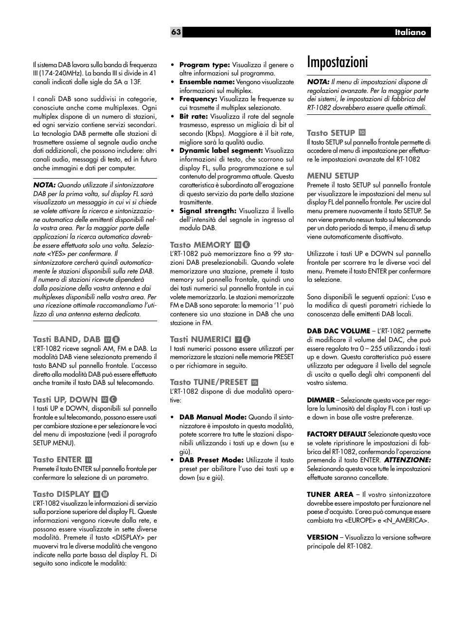 Tasti band, dab tb, Tasti up, down =c, Tasto enter | Tasto display 9m, Tasto memory qk, Tasti numerici 7e, Tasto tune/preset e, Impostazioni, Tasto setup 0, Menu setup | ROTEL RT-1082 User Manual | Page 63 / 86