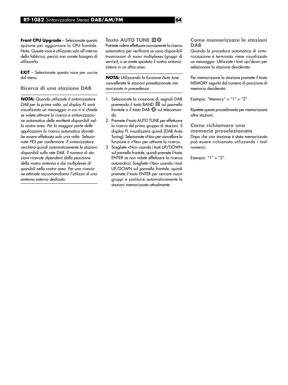 Ricerca di una stazione dab, Tasto auto tune wh, Come memorizzare le stazioni dab | Come richiamare una memoria preselezionata, Tasto auto tune | ROTEL RT-1082 User Manual | Page 64 / 86