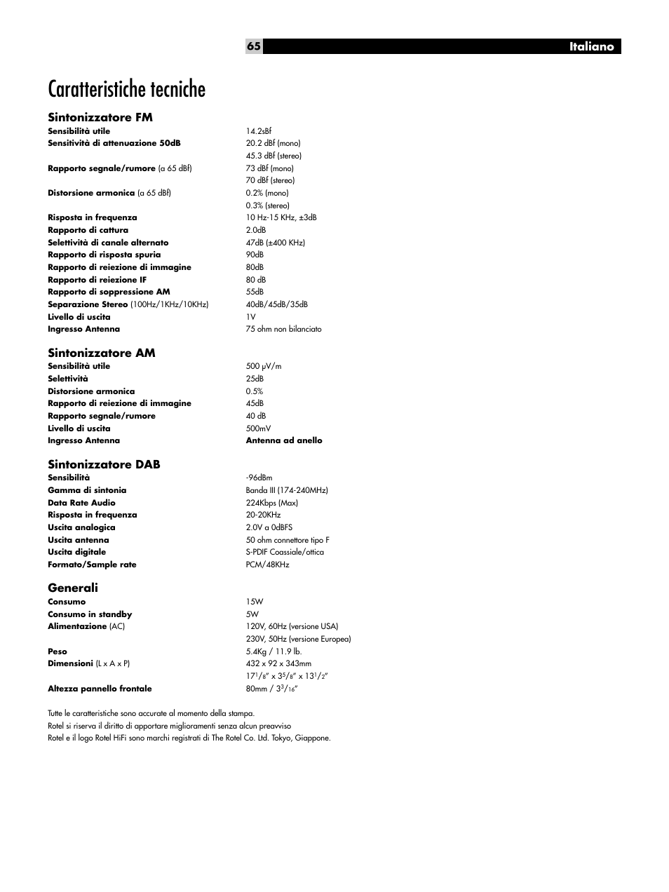Caratteristiche tecniche, Italiano, Sintonizzatore fm | Sintonizzatore am, Sintonizzatore dab, Generali | ROTEL RT-1082 User Manual | Page 65 / 86