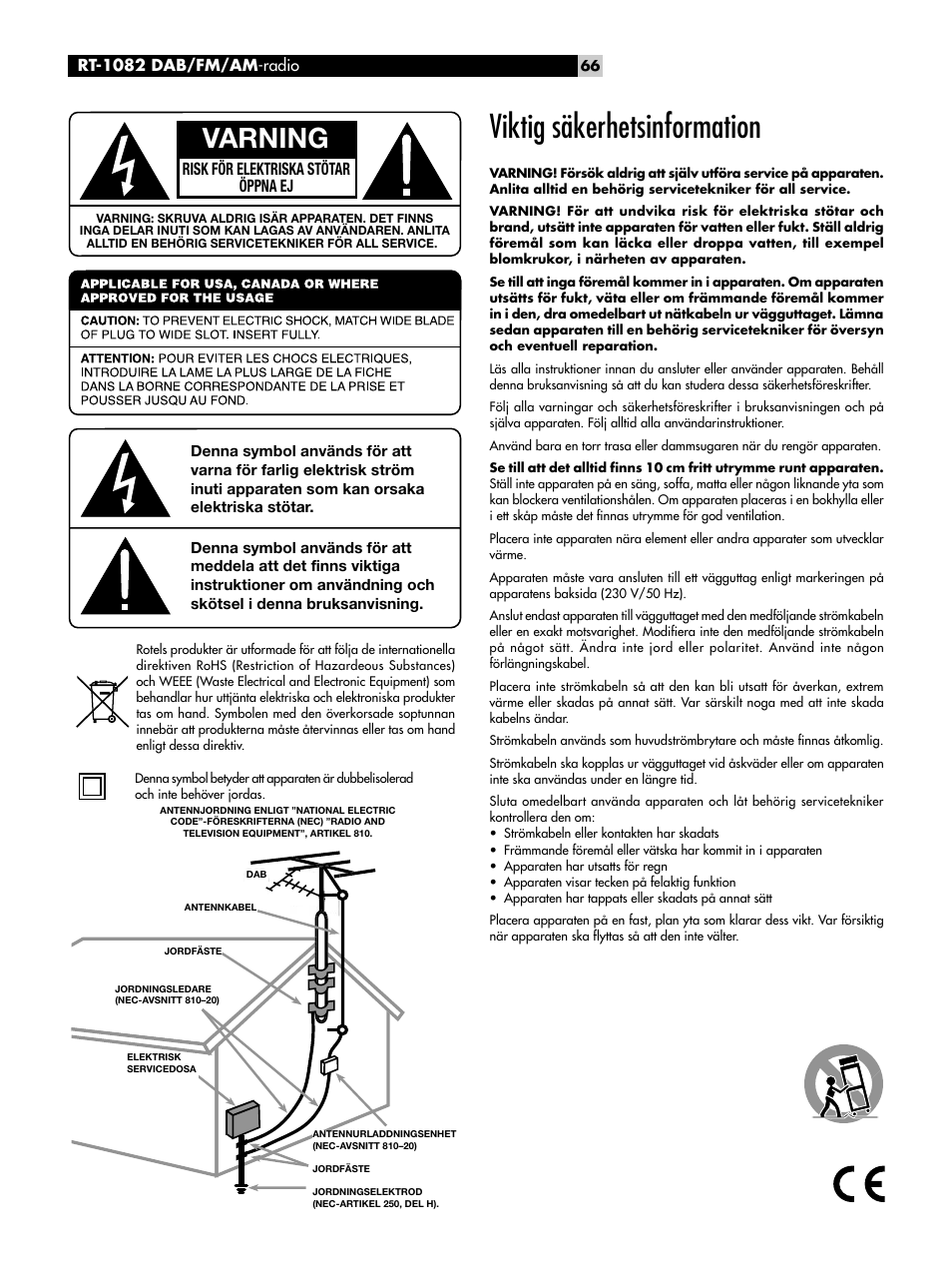 Viktig säkerhetsinformation, Varning, Risk för elektriska stötar öppna ej | Rt-1082 dab/fm/am -radio | ROTEL RT-1082 User Manual | Page 66 / 86