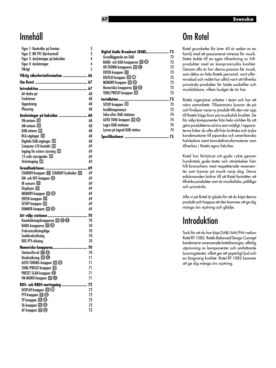 Om rotel, Introduktion, Innehåll | ROTEL RT-1082 User Manual | Page 67 / 86