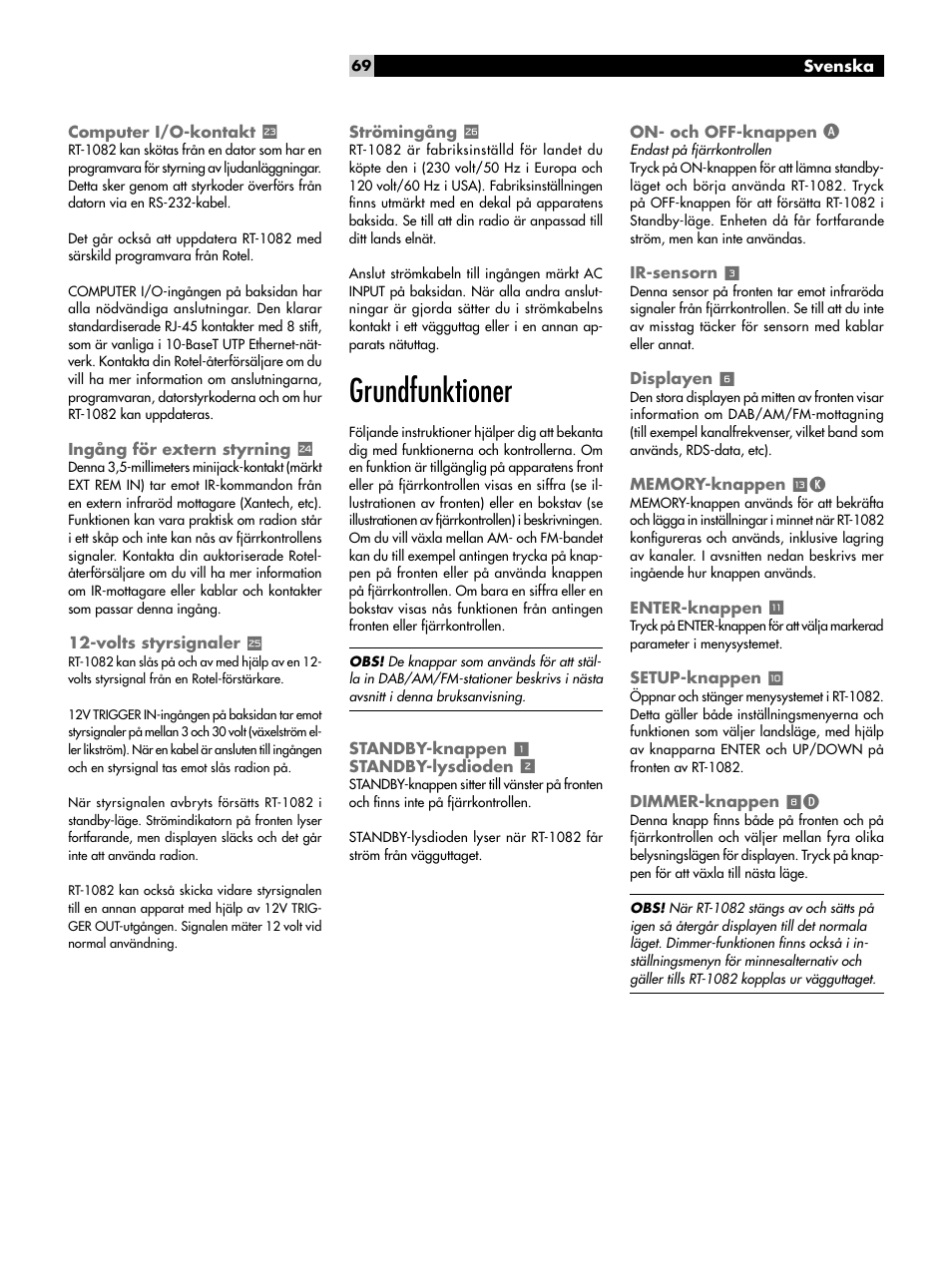 Computer i/o-kontakt, Ingång för extern styrning, Volts styrsignaler | Strömingång a, Grundfunktioner, Standby-knappen 1 standby-lysdioden 2, On- och off-knappen a, Ir-sensorn 3, Displayen 6, Memory-knappen qk | ROTEL RT-1082 User Manual | Page 69 / 86