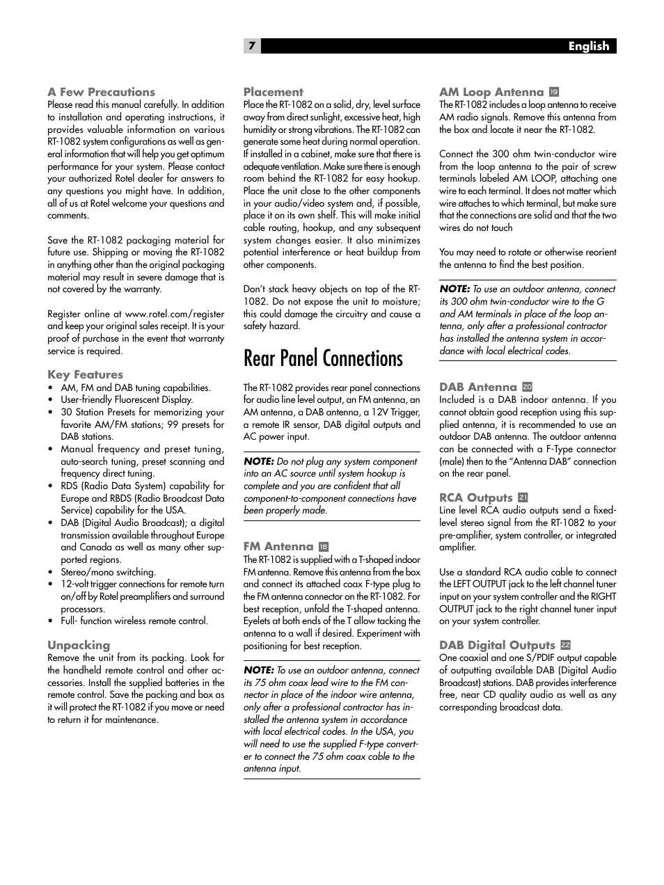 A few precautions, Key features, Unpacking | Placement, Rear panel connections, Fm antenna, Am loop antenna, Dab antenna, Rca outputs, Dab digital outputs | ROTEL RT-1082 User Manual | Page 7 / 86