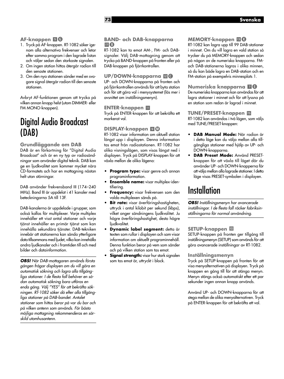 Af-knappen 5g, Digital audio broadcast (dab), Grundläggande om dab | Band- och dab-knapparna tb, Up/down-knapparna =c, Enter-knappen, Display-knappen 9m, Memory-knappen qk, Numeriska knapparna 7e, Tune/preset-knappen e | ROTEL RT-1082 User Manual | Page 73 / 86