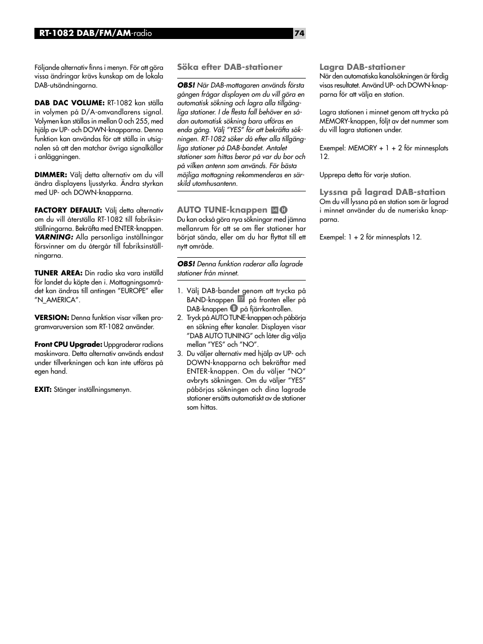 Söka efter dab-stationer, Auto tune-knappen wh, Lagra dab-stationer | Lyssna på lagrad dab-station, Auto tune-knappen | ROTEL RT-1082 User Manual | Page 74 / 86