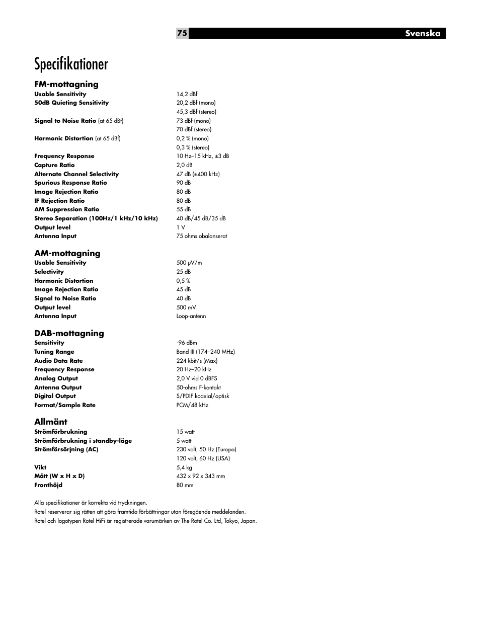 Specifikationer, Speciﬁkationer, Svenska | Fm-mottagning, Am-mottagning, Dab-mottagning, Allmänt | ROTEL RT-1082 User Manual | Page 75 / 86