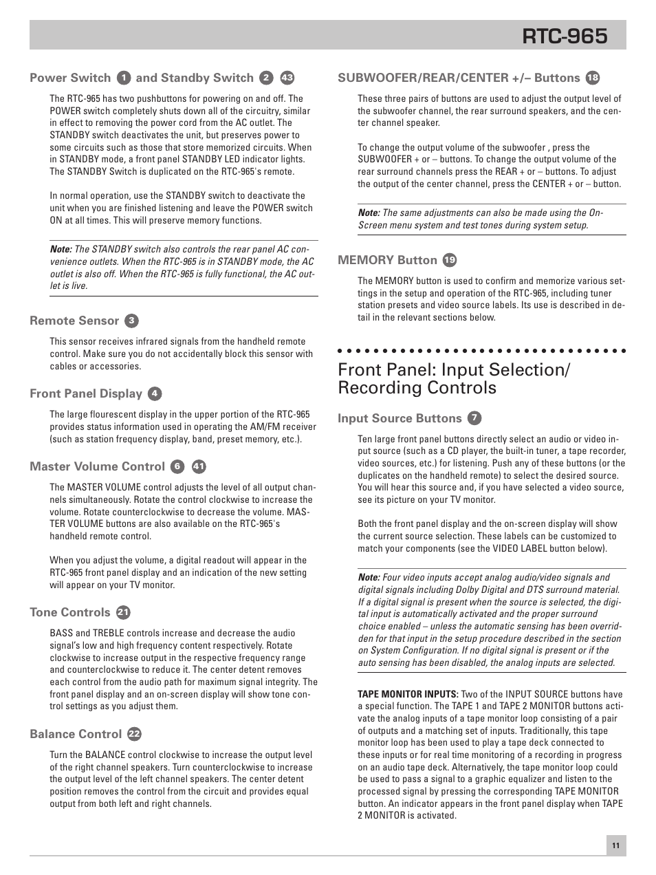 Power switch and standby switch, Remote sensor, Front panel display | Master volume control, Tone controls, Balance control, Subwoofer/rear/center +/– buttons, Memory button, Front panel: input selection/recording controls, Input source buttons | ROTEL RTC965 User Manual | Page 11 / 24