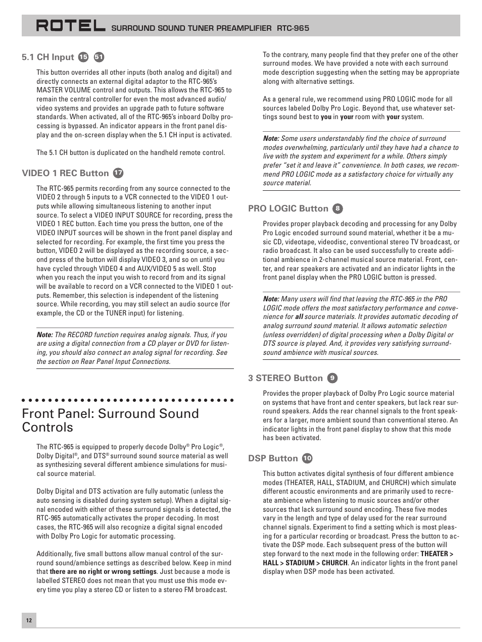 1 ch input, Video 1 rec button, Front panel: surround sound controls | Pro logic button, 3 stereo button, Dsp button | ROTEL RTC965 User Manual | Page 12 / 24