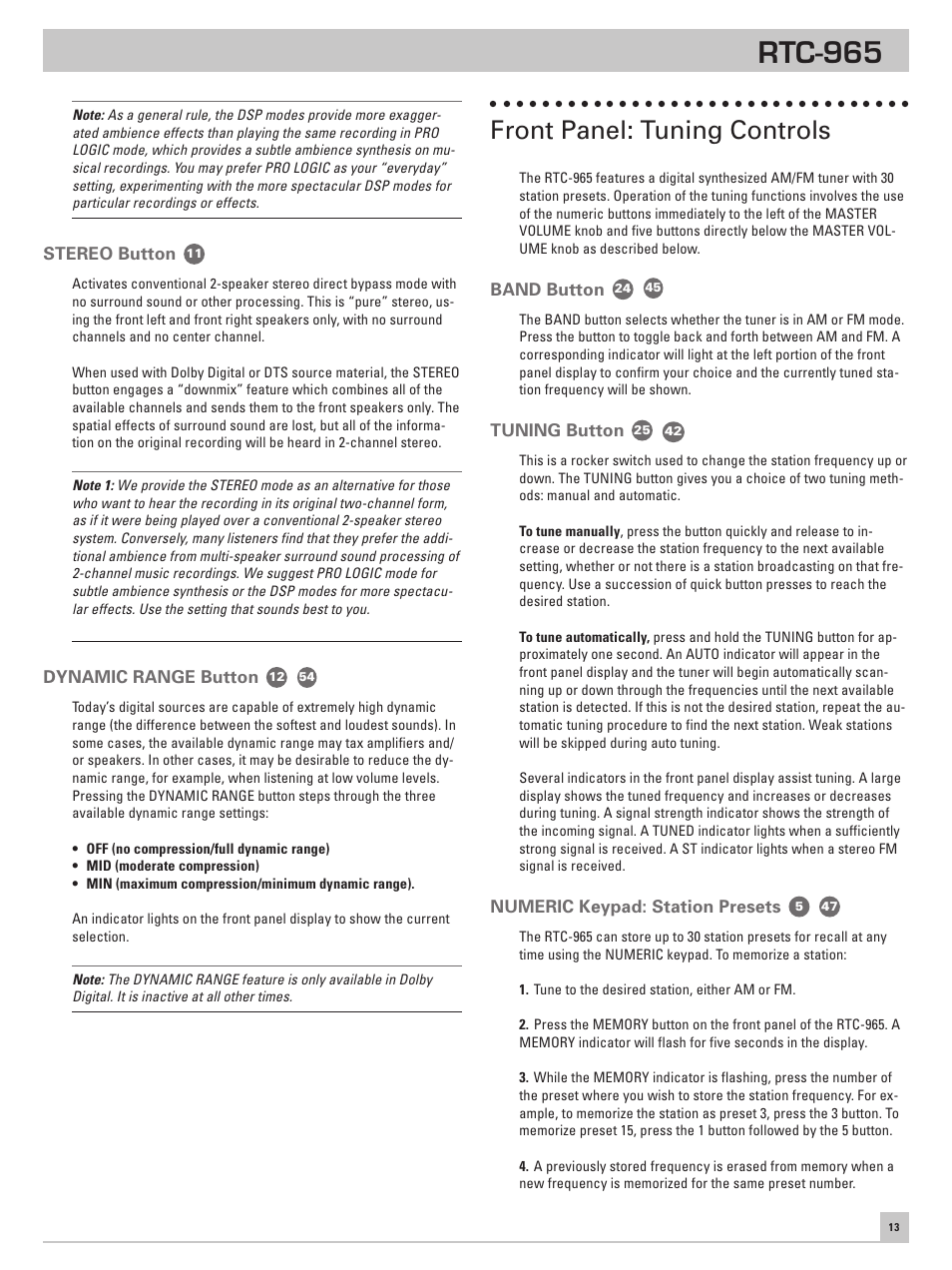 Stereo button, Dynamic range button, Front panel: tuning controls | Band button, Tuning button, Numeric keypad: station presets, Rtc-965 | ROTEL RTC965 User Manual | Page 13 / 24