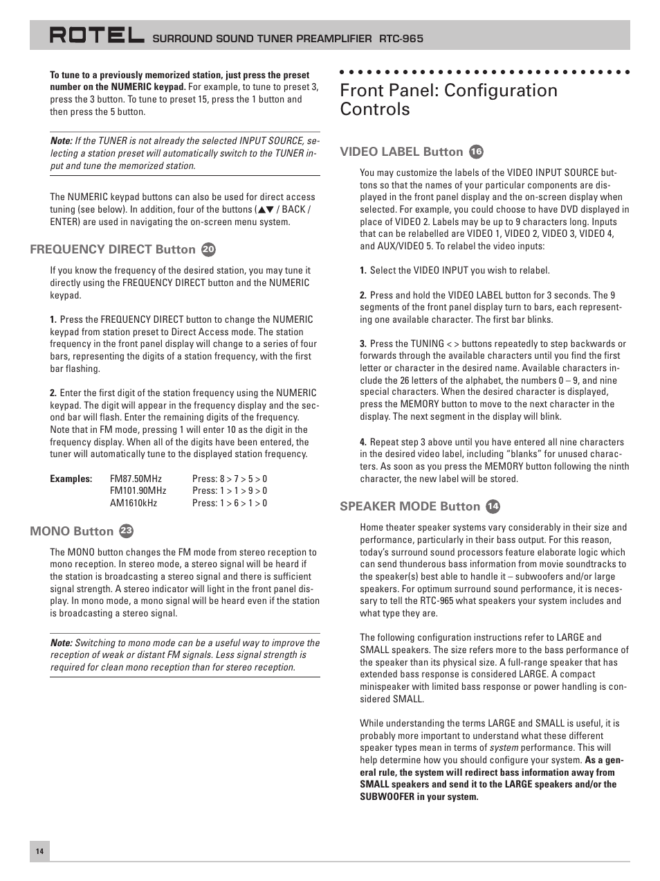 Frequency direct button, Mono button, Front panel: configuration controls | Video label button, Speaker mode button | ROTEL RTC965 User Manual | Page 14 / 24