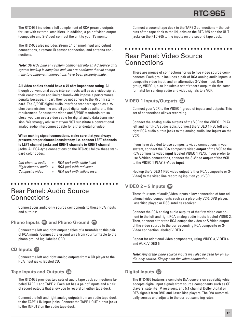 Rear panel: audio source connections, Phono inputs and phono ground, Cd inputs | Tape inputs and outputs, Rear panel: video source connections, Video 1 inputs/outputs, Video 2 – 5 inputs, Digital inputs, Phono inputs, And phono ground | ROTEL RTC965 User Manual | Page 17 / 24