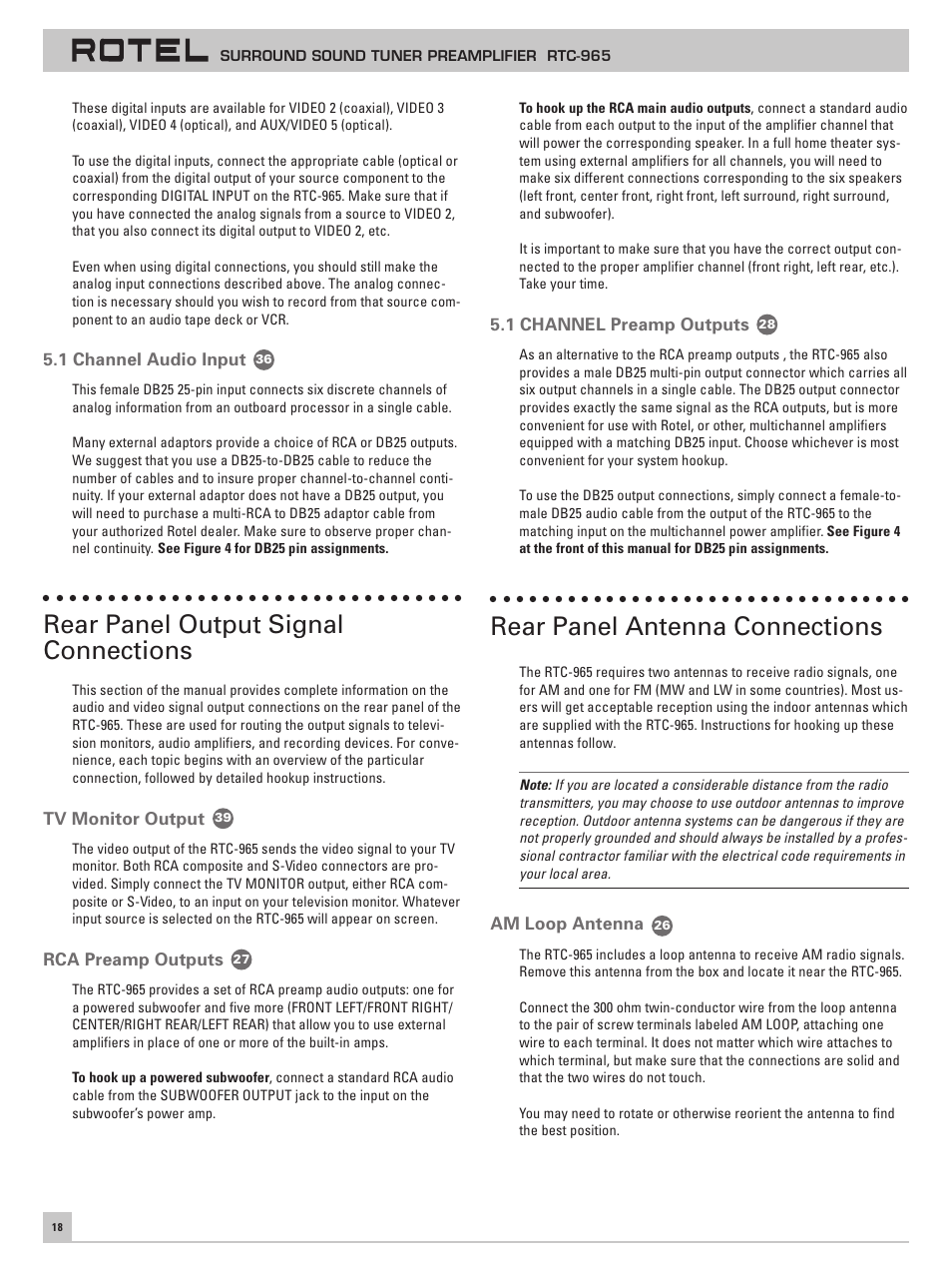 1 channel audio input, Rear panel output signal connections, Tv monitor output | Rca preamp outputs, 1 channel preamp outputs, Rear panel antenna connections, Am loop antenna | ROTEL RTC965 User Manual | Page 18 / 24