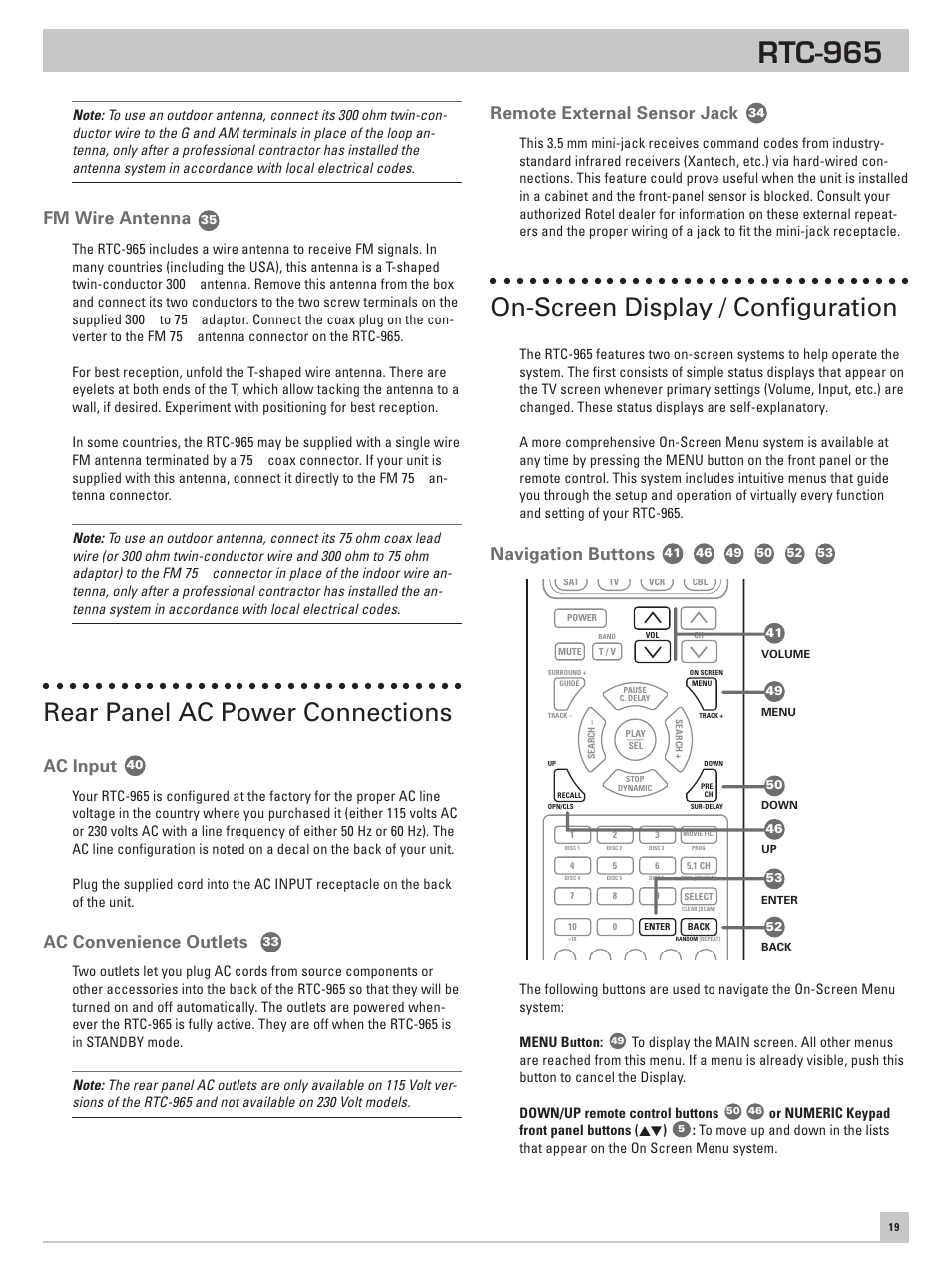 Fm wire antenna, Rear panel ac power connections, Ac input | Ac convenience outlets, Remote external sensor jack, On-screen display / configuration, Navigation buttons, Rtc-965 | ROTEL RTC965 User Manual | Page 19 / 24