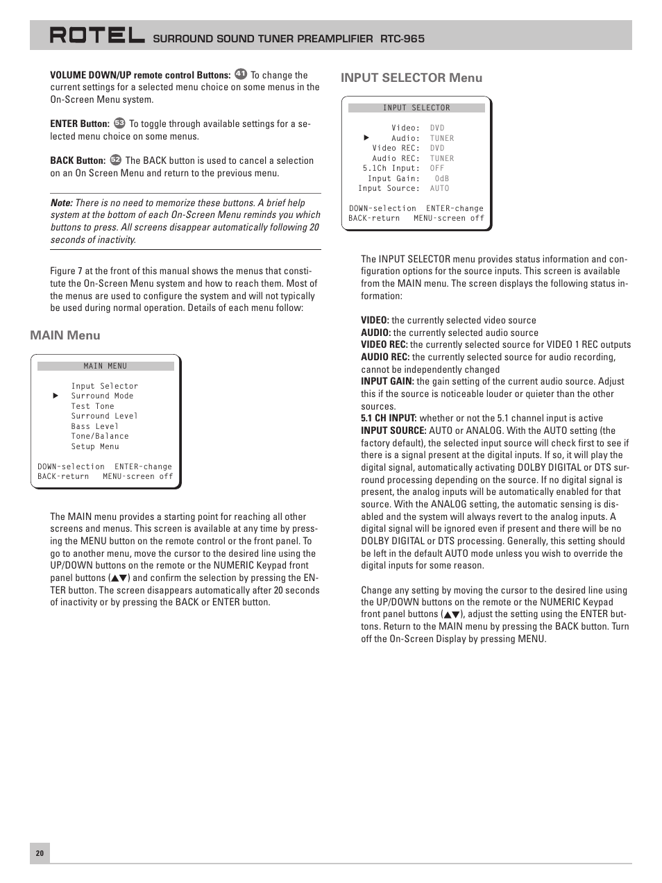 Main menu, Input selector menu | ROTEL RTC965 User Manual | Page 20 / 24