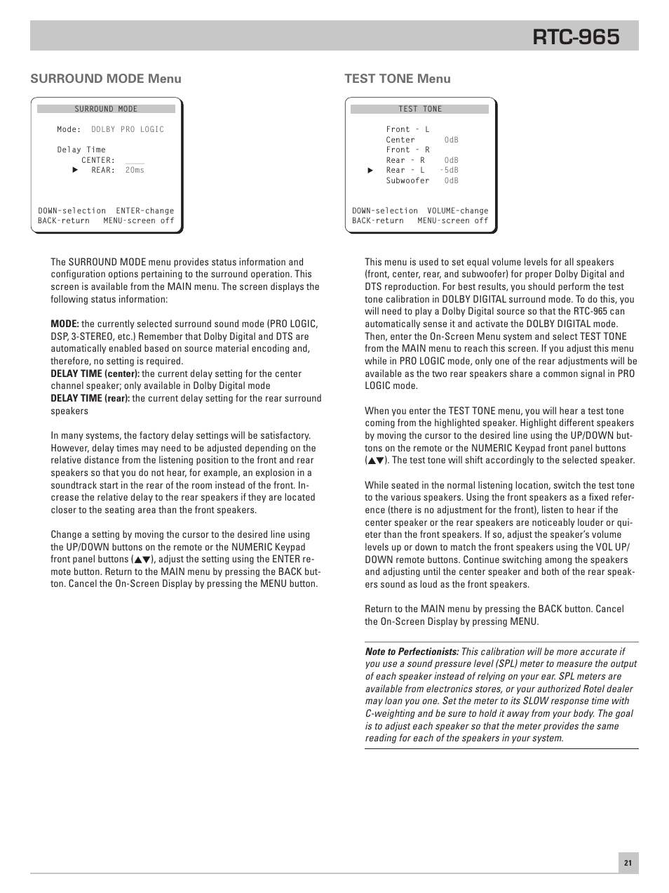 Surround mode menu, Test tone menu, Rtc-965 | ROTEL RTC965 User Manual | Page 21 / 24