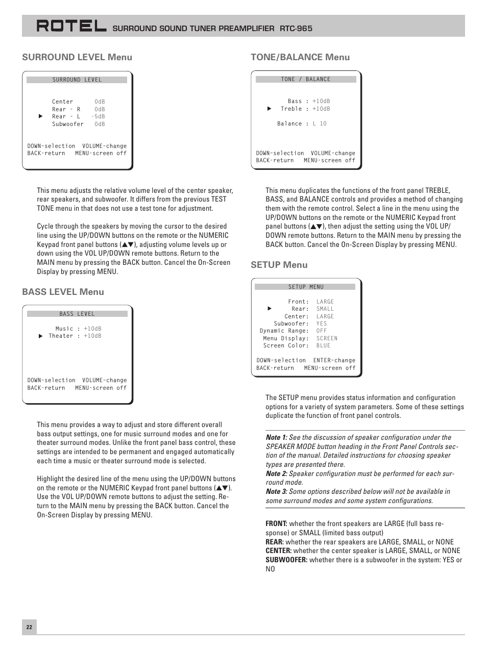 Surround level menu, Bass level menu, Tone/balance menu | Setup menu | ROTEL RTC965 User Manual | Page 22 / 24