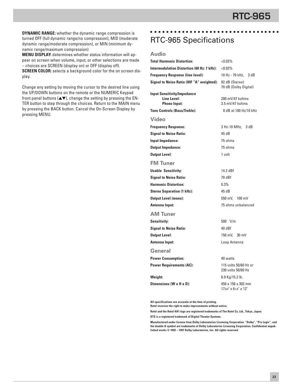 Rtc-965 specifications, Rtc-965, Audio | Video, Fm tuner, Am tuner, General | ROTEL RTC965 User Manual | Page 23 / 24