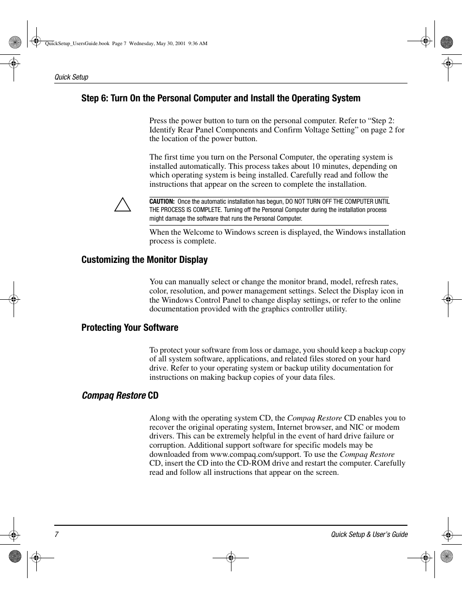 Customizing the monitor display, Protecting your software, Compaq restore cd | Compaq iPAQ User Manual | Page 13 / 73