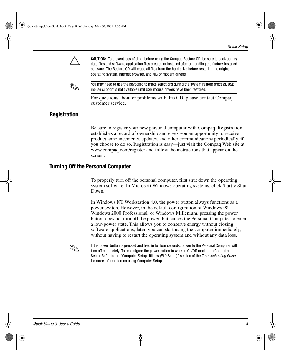 Registration, Turning off the personal computer | Compaq iPAQ User Manual | Page 14 / 73