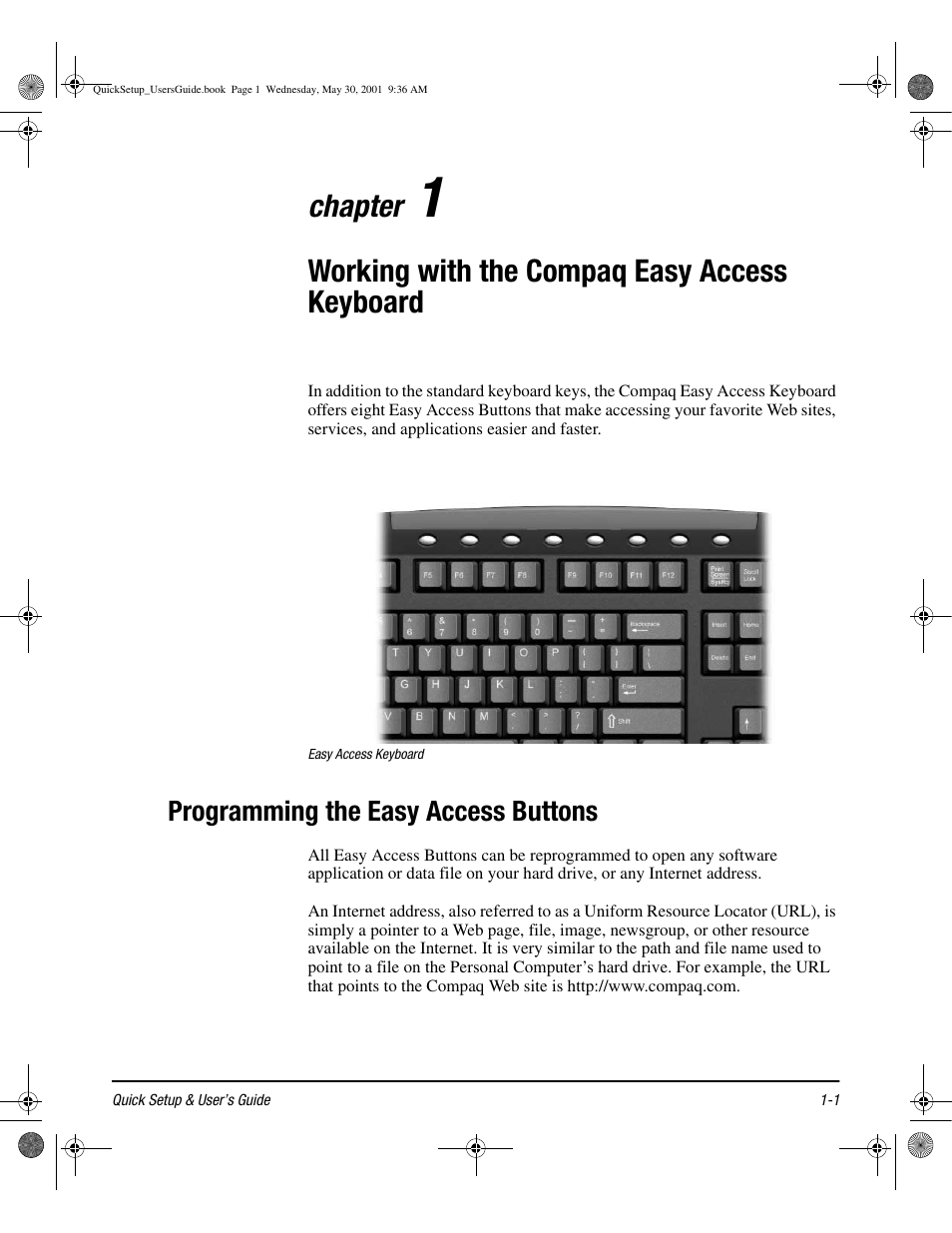 Working with the compaq easy access keyboard, Programming the easy access buttons, Chapter 1 | Programming the easy access buttons -1, Chapter | Compaq iPAQ User Manual | Page 16 / 73