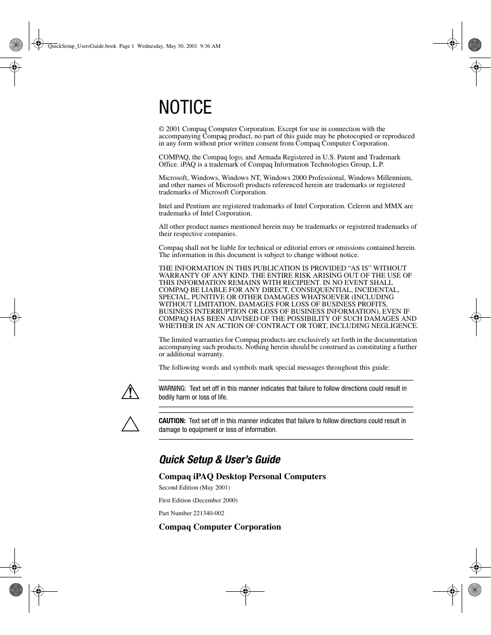 Notice, Quick setup & user’s guide | Compaq iPAQ User Manual | Page 2 / 73
