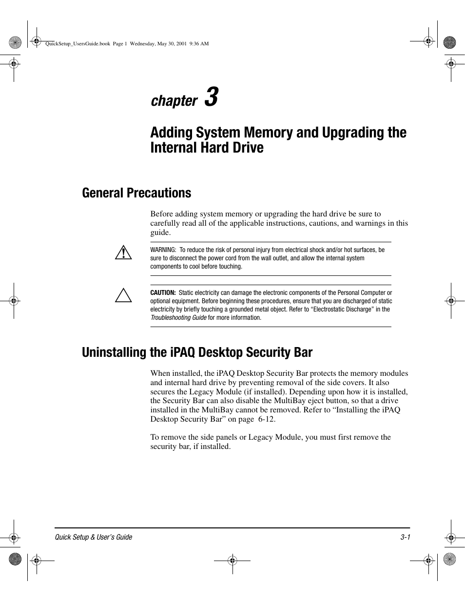 General precautions, Uninstalling the ipaq desktop security bar, Chapter 3 | General precautions -1, Uninstalling the ipaq desktop security bar -1, Chapter | Compaq iPAQ User Manual | Page 24 / 73