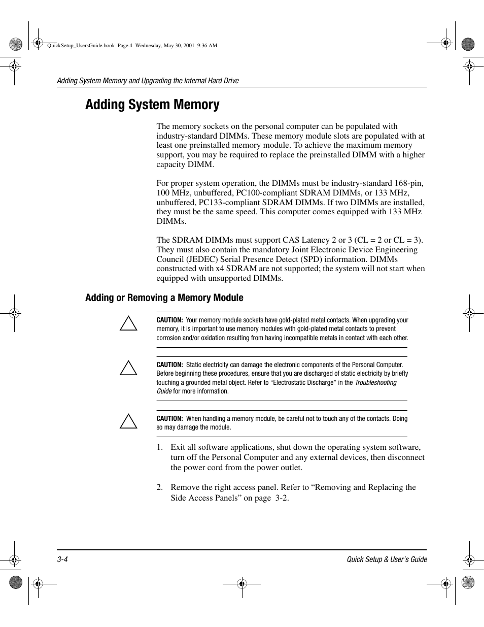 Adding system memory, Adding or removing a memory module, Adding system memory -4 | Adding or removing a memory module -4 | Compaq iPAQ User Manual | Page 27 / 73