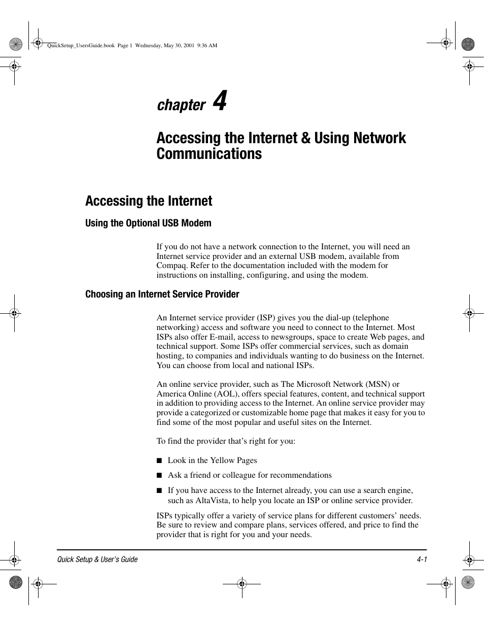 Accessing the internet, Using the optional usb modem, Choosing an internet service provider | Accessing the internet -1, Using the optional usb modem -1, Choosing an internet service provider -1, Chapter | Compaq iPAQ User Manual | Page 34 / 73