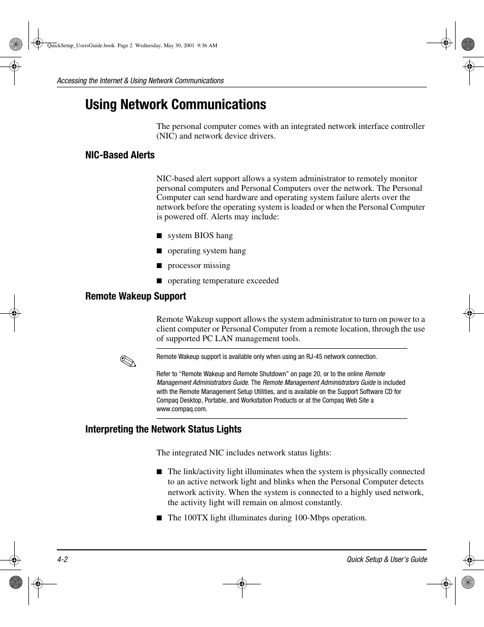 Using network communications, Nic-based alerts, Remote wakeup support | Interpreting the network status lights, Using network communications -2, Nic-based alerts -2, Remote wakeup support -2, Interpreting the network status lights -2 | Compaq iPAQ User Manual | Page 35 / 73