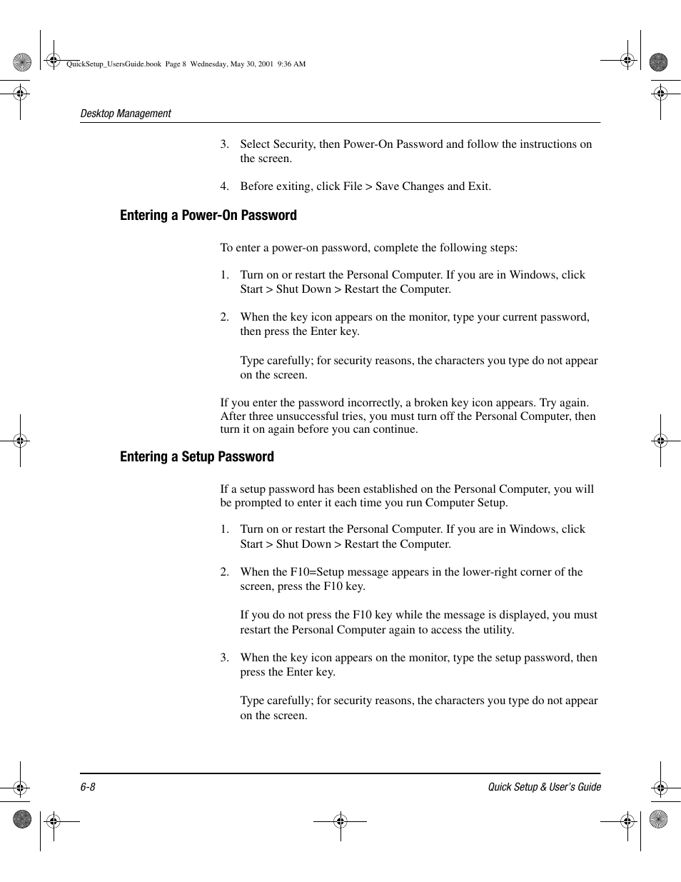 Entering a power-on password, Entering a setup password, Entering a power-on password -8 | Entering a setup password -8 | Compaq iPAQ User Manual | Page 47 / 73