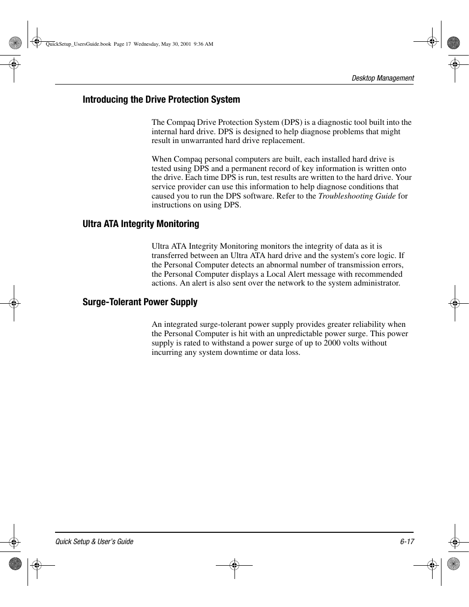 Introducing the drive protection system, Ultra ata integrity monitoring, Surge-tolerant power supply | Introducing the drive protection system -17, Ultra ata integrity monitoring -17, Surge-tolerant power supply -17 | Compaq iPAQ User Manual | Page 56 / 73