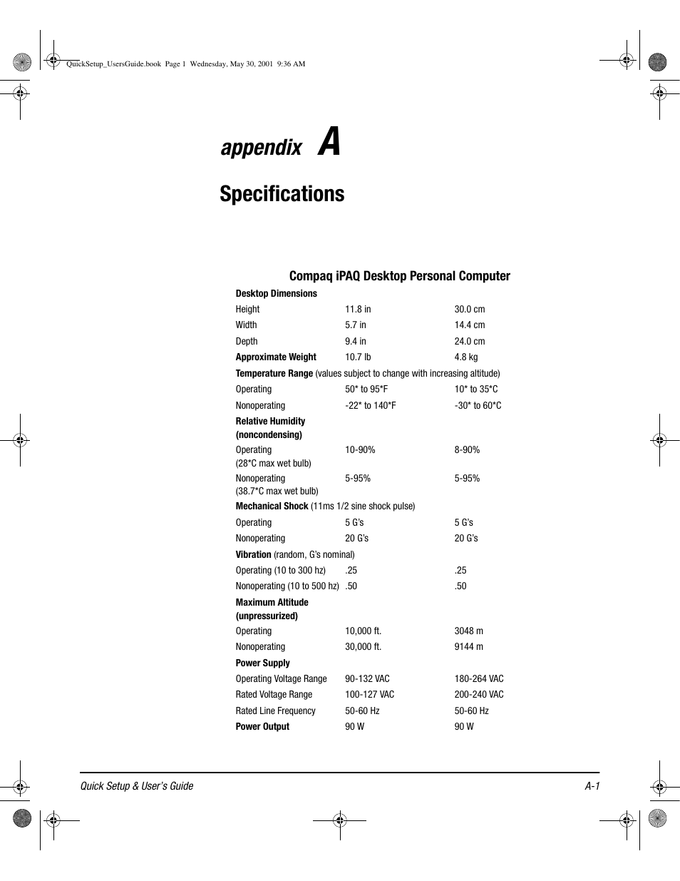 Specifications, Appendix a, Appendix | Compaq iPAQ User Manual | Page 68 / 73